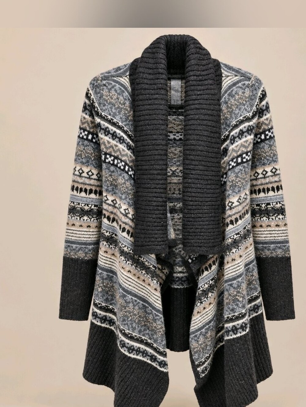 Kensie Cozy Nordic Shawl Collar Cardigan Sweater - Charcoal/Gray/Cream Sz SM